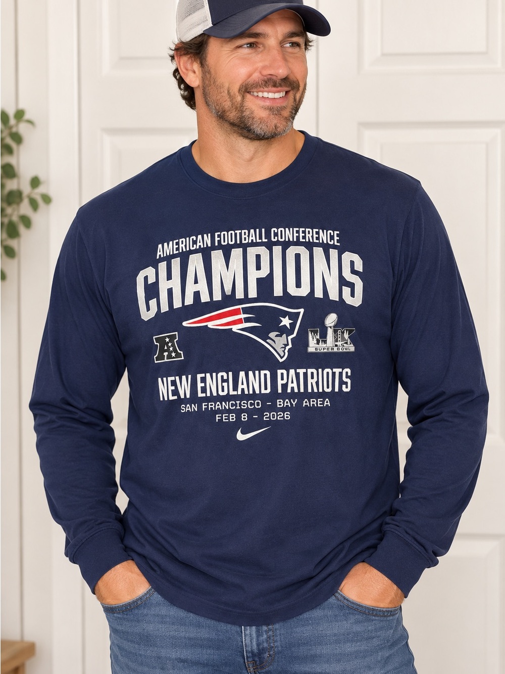 Nike New England Patriots AFC Champions Super Bowl LX Long Sleeve Shirt XL Navy